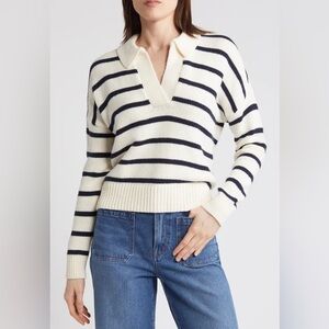 Dedham Stripe Polo Sweater Cotton Blend Collared Neckline Ivory & Navy Stripes M